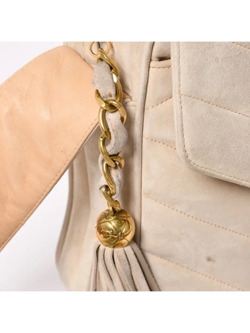 Chanel CC Logo Suede Tassel Shoulder Bag Chevron Bahia Stitch Gold